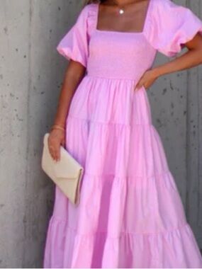 Entro Pink Puff Sleeve Tiered Midi Dress M